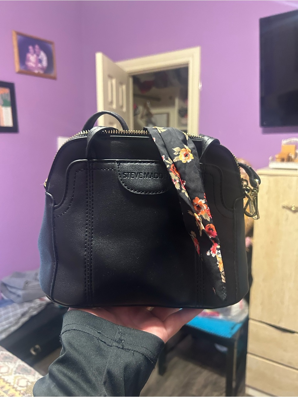Steve Madden Black Mini Satchel with Floral Accent Scarf